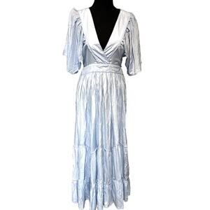 Baby blue tiered maxi dress‎ open tie back sz S Cottage Wedding Coastal deep V